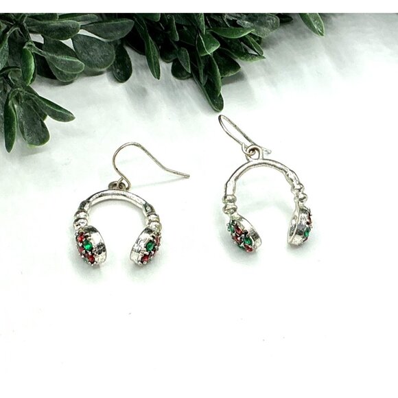 Silver Tone EarMuff Style Dangle Earrings With Red Green Gemstone Accents - Picture 2 of 6